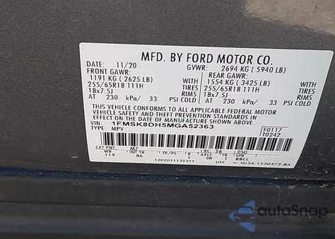 2021 Ford Explorer Xlt из США, поврежденный, VIN 1FMSK8DH5MGA52363